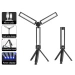 3 sided rechargeable LED work light with USB charging, dimmable settings, and tripod stand for car repair and outdoor camping